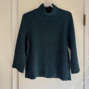 Lilla P Merino Wool Alpaca Blend Mock Neck Donegal Sweater Teal Blue Womens M